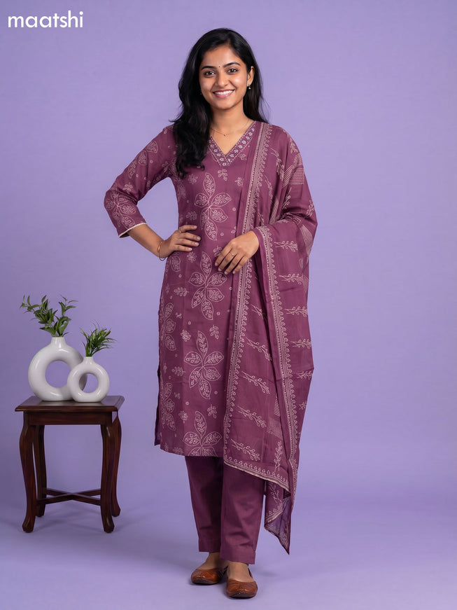Wine Cotton Printed & Simple Embroidery Work Straight Suit