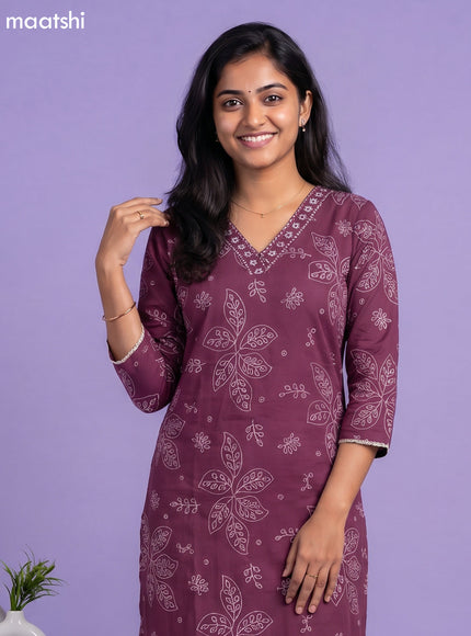 Wine Cotton Printed & Simple Embroidery Work Straight Suit