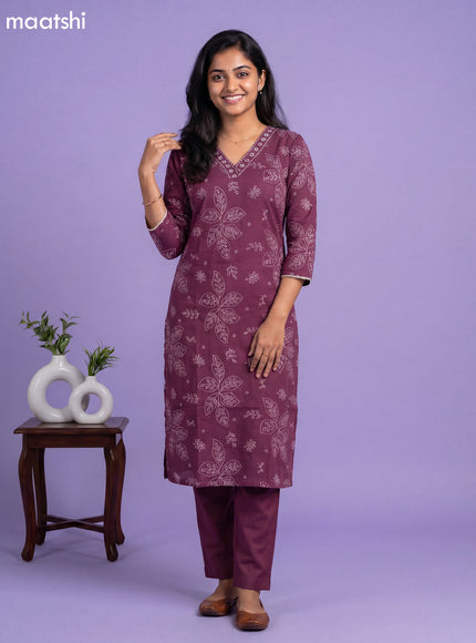 Wine Cotton Printed & Simple Embroidery Work Straight Suit