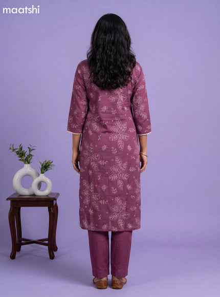 Wine Cotton Printed & Simple Embroidery Work Straight Suit