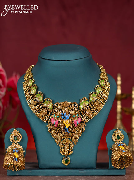 Antique enamel necklace krishna pendant with emerald stone
