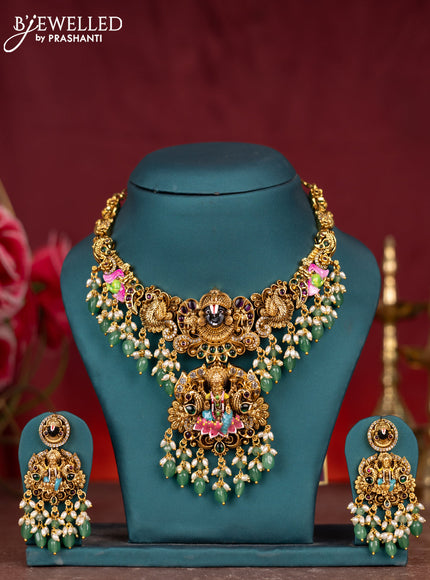 Antique enamel necklace tirupati balaji & lakshmi design with kemp & cz stones and pearl & mint green beads hangings