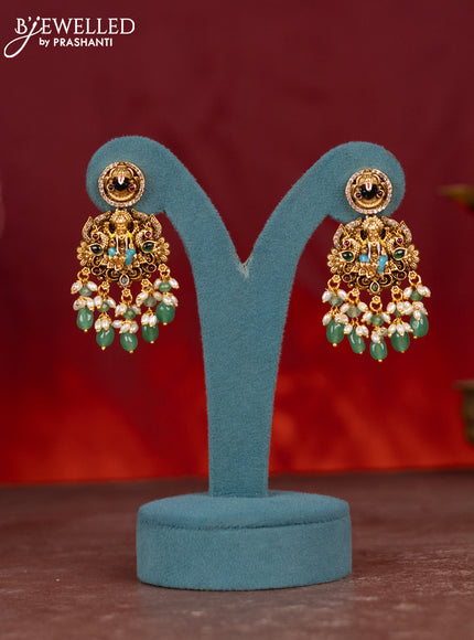 Antique enamel necklace tirupati balaji & lakshmi design with kemp & cz stones and pearl & mint green beads hangings