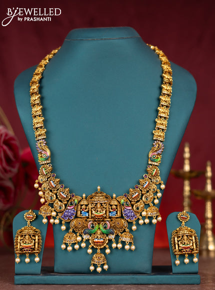 Antique enamel lakshmi pendant haram with cz & kemp stones and pearl beads hanging