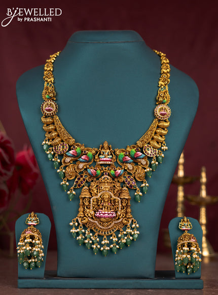 Antique enamel lakshmi pendant haram with cz & kemp stones and green beads hanging