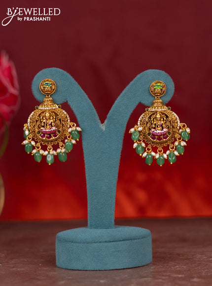 Antique enamel lakshmi pendant haram with kemp stones and green beads & pearl hanging