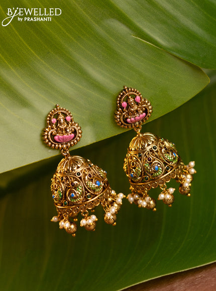 Antique enamel jhumka with lakshmi design and pearl & golden beads hanging