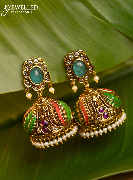 Antique enamel jhumka leaf design and kemp stones and pearl & golden beads hanging