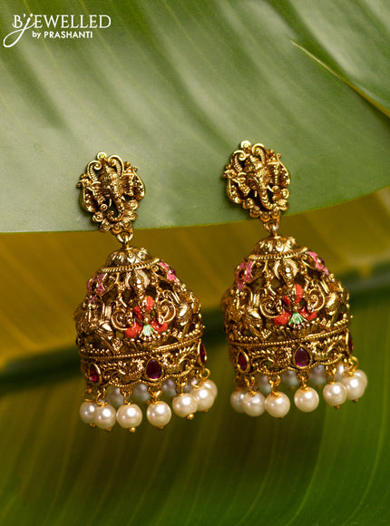 Antique enamel jhumka with ganesh & lakshmi design and pearl hanging