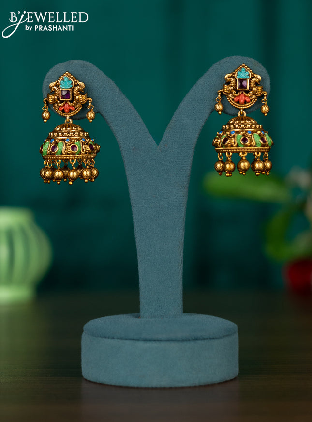 Antique enamel jhumka with ganesha design and pearl hanging