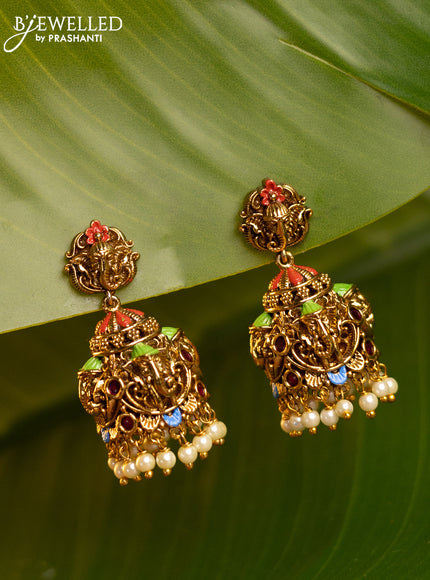 Antique enamel jhumka with ganesha design and pearl hanging