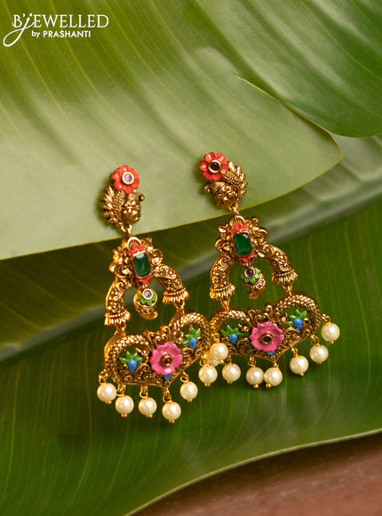 Antique enamel earring floral design and pearl hanging