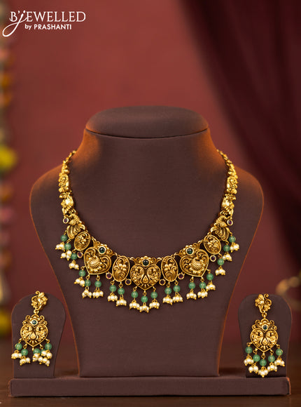 Antique necklace with kemp stones and pearl & mint green beads hangings