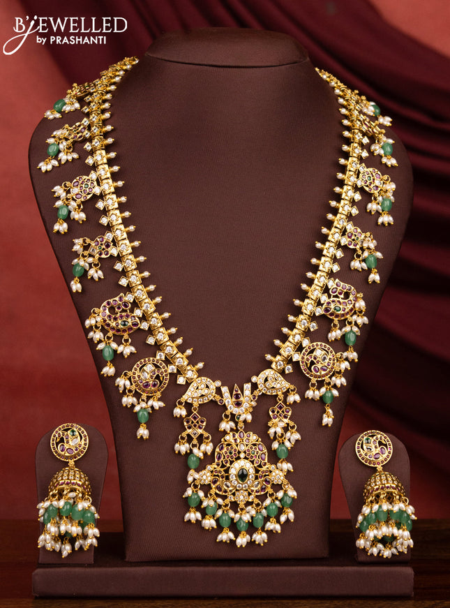 Antique guttapusalu haaram with kemp & cz stone and pearl and beads hangings