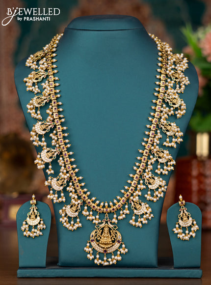 Antique guttapusalu haram lakshmi & peacock design with kemp and cz stone and pearl hangings