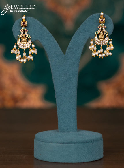 Antique guttapusalu haram lakshmi & peacock design with kemp and cz stone and pearl hangings