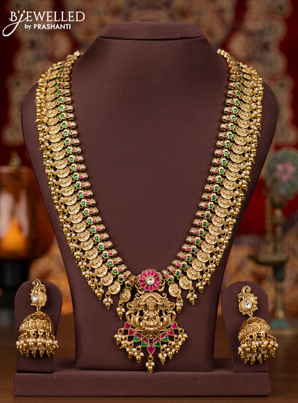 Antique haram lakshmi kasu design with jadau stone and golden beads hanging