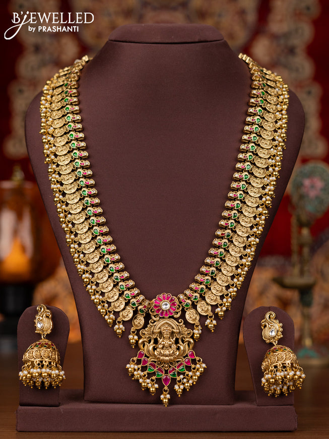 Antique haram lakshmi kasu design with jadau stone and golden beads hanging