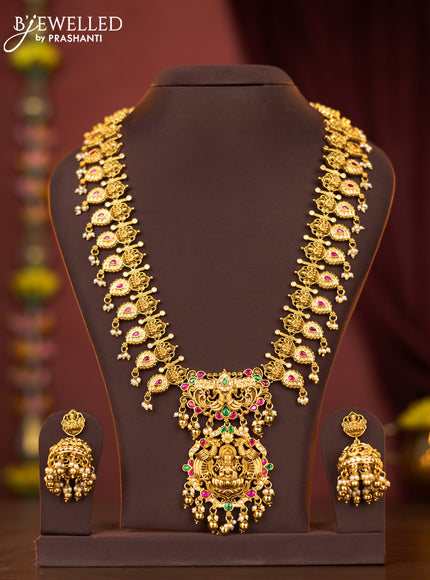Jadau haram lakshmi & maanga pattern with jadau kemp and cz stone and pearl hanging