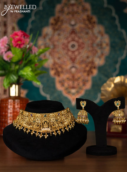 Antique choker lakshmi design with kemp & cz stones and golden beads hangings