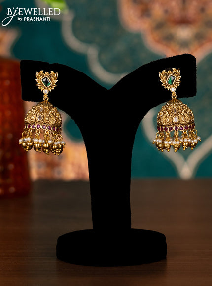 Antique choker lakshmi design with kemp & cz stones and golden beads hangings