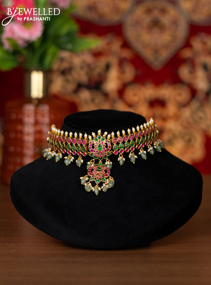 Jadau choker with jadau kemp stone and golden beads hangings