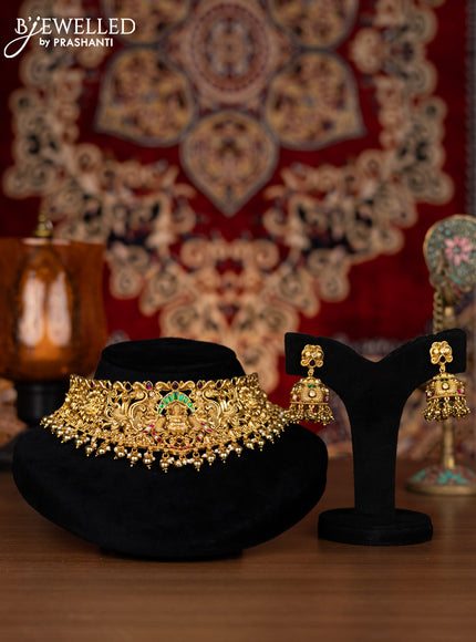 Antique choker lakshmi design with jadau kemp & cz stone and golden beads hangings