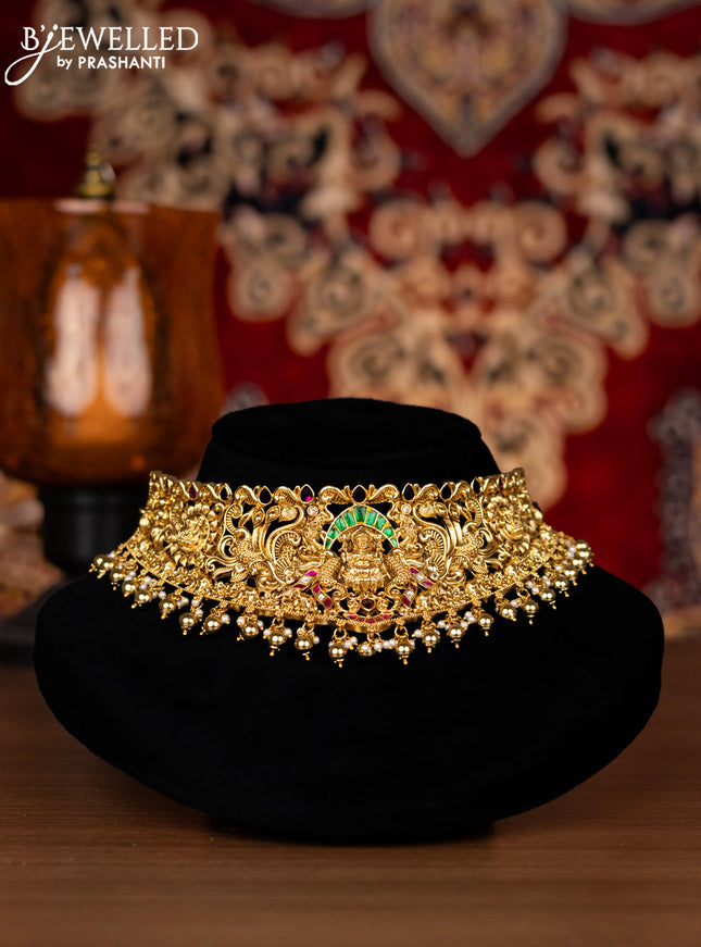 Antique choker lakshmi design with jadau kemp & cz stone and golden beads hangings