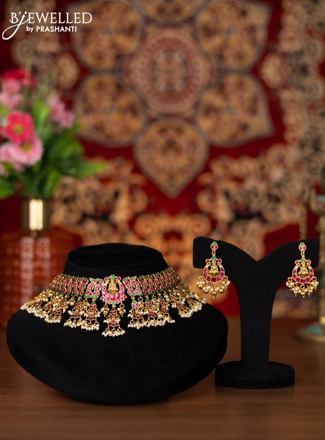 Jadau choker lakshmi & peacock design with jadau kemp stone and golden beads and pearl hangings