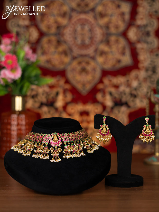 Jadau choker lakshmi & peacock design with jadau kemp stone and golden beads and pearl hangings