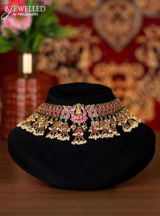 Jadau choker lakshmi & peacock design with jadau kemp stone and golden beads and pearl hangings