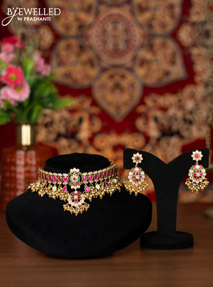 Jadau choker floral design with jadau kemp & kundan stone and golden beads hangings
