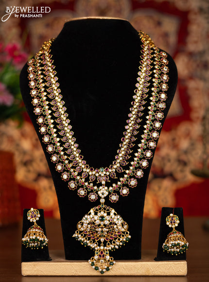 Antique double layer haram manga pattern with kemp & cz stones and pearl & green beads hanginngs