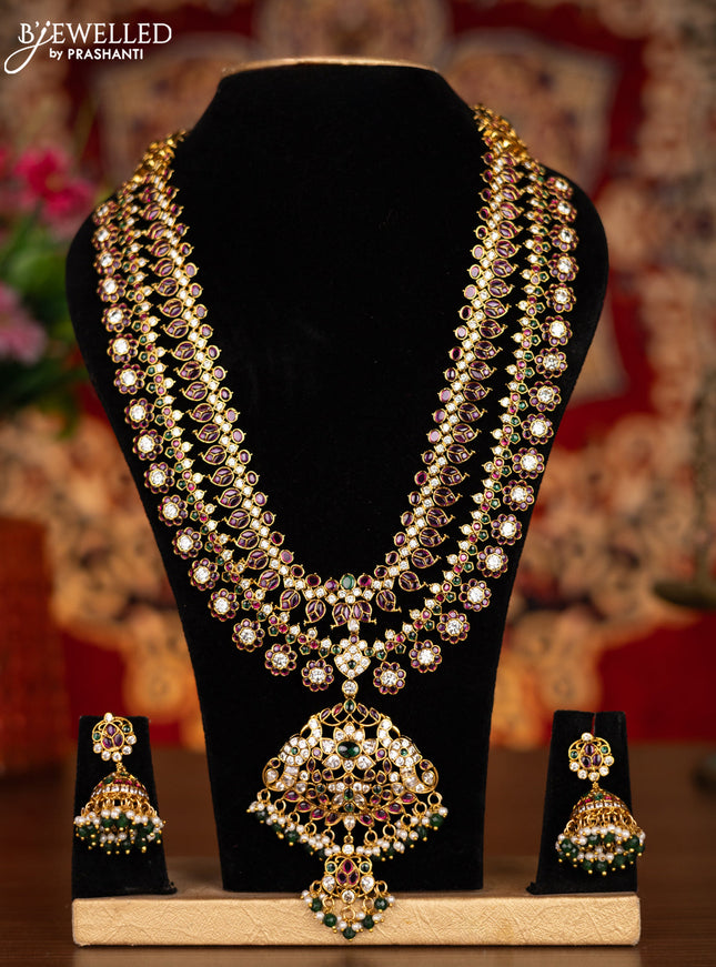 Antique double layer haram manga pattern with kemp & cz stones and pearl & green beads hanginngs