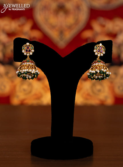 Antique double layer haram manga pattern with kemp & cz stones and pearl & green beads hanginngs