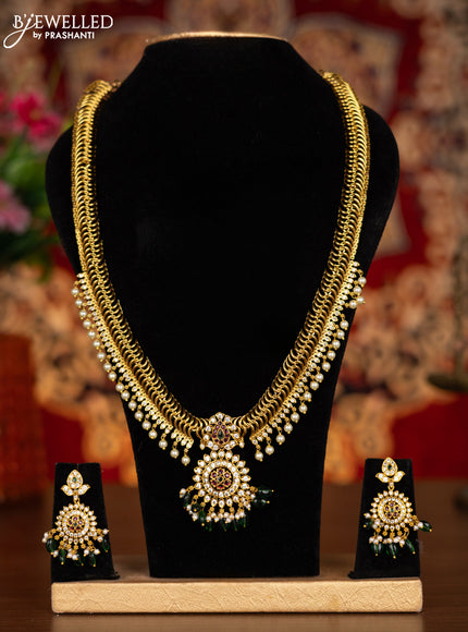 Antique haram with kemp & cz stones and pearl & green beads hangings