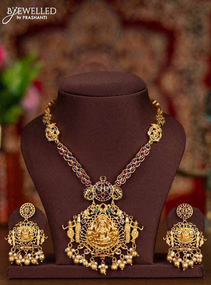 Antique necklace lakshmi pendant with kemp & cz stones and pearl & golden beads hangings