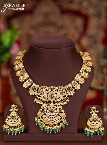 Antique necklace floral design with kemp & cz stones and pearl & mint green beads hangings