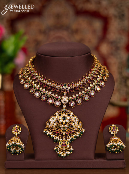 Antique double layer necklace manga pattern with kemp & cz stones and pearl & green beads hangings