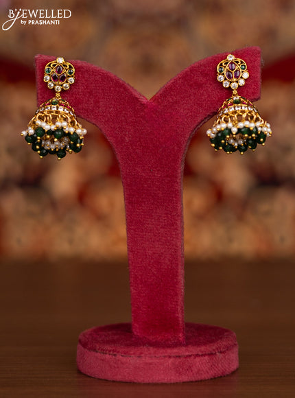 Antique double layer necklace manga pattern with kemp & cz stones and pearl & green beads hangings