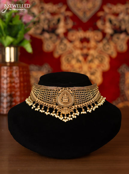 Antique choker lakshmi design with kemp stones and pearl hangings