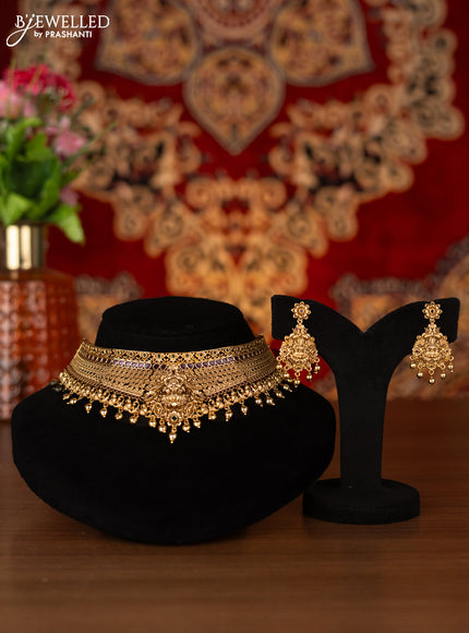 Antique choker lakshmi design with kemp stones and golden beads hangings