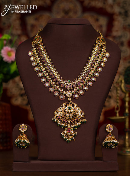 Antique haaram with floral pendant in kemp stones and pearl hangings