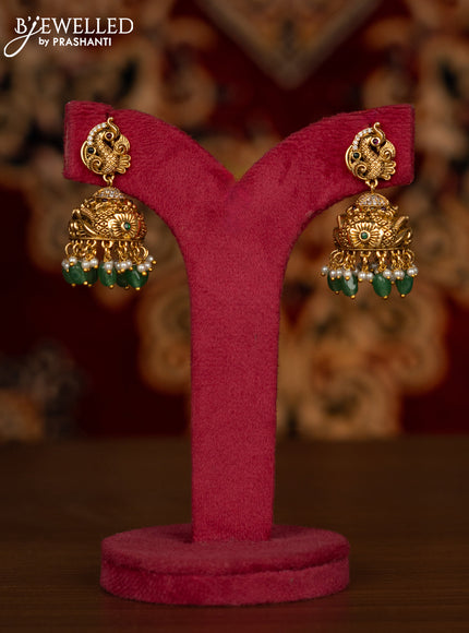 Antique haaram with double layer lakshmi pendant with kemp stones and green beads hanging