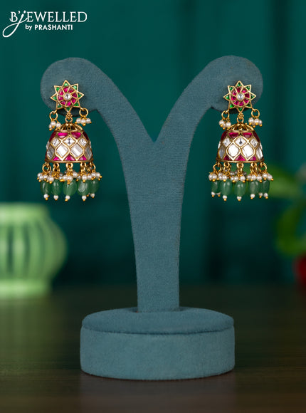 Jadau jhumka star design with jadau kundan stones and green beads hanging