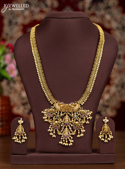 Antique haaram lakshmi & peacock design with kemp & cz stones and pearl hangings