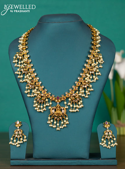 Antique guttapusalu haaram lakshmi design with kemp & cz stones and pearl hangings