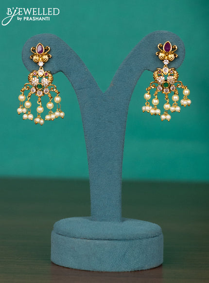 Antique guttapusalu haaram lakshmi design with kemp & cz stones and pearl hangings