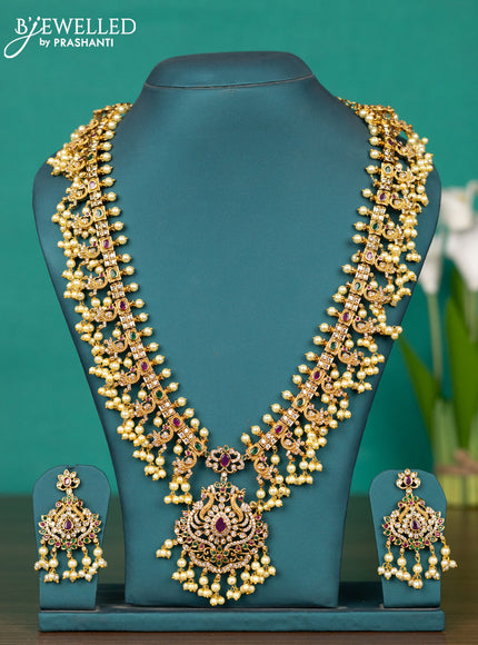 Antique guttapusalu haaram peacock design with kemp & cz stones and pearl hangings