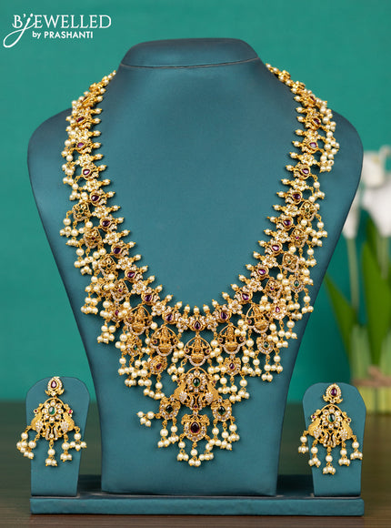 Antique guttapusalu haaram lakshmi design with kemp & cz stones and pearl hangings
